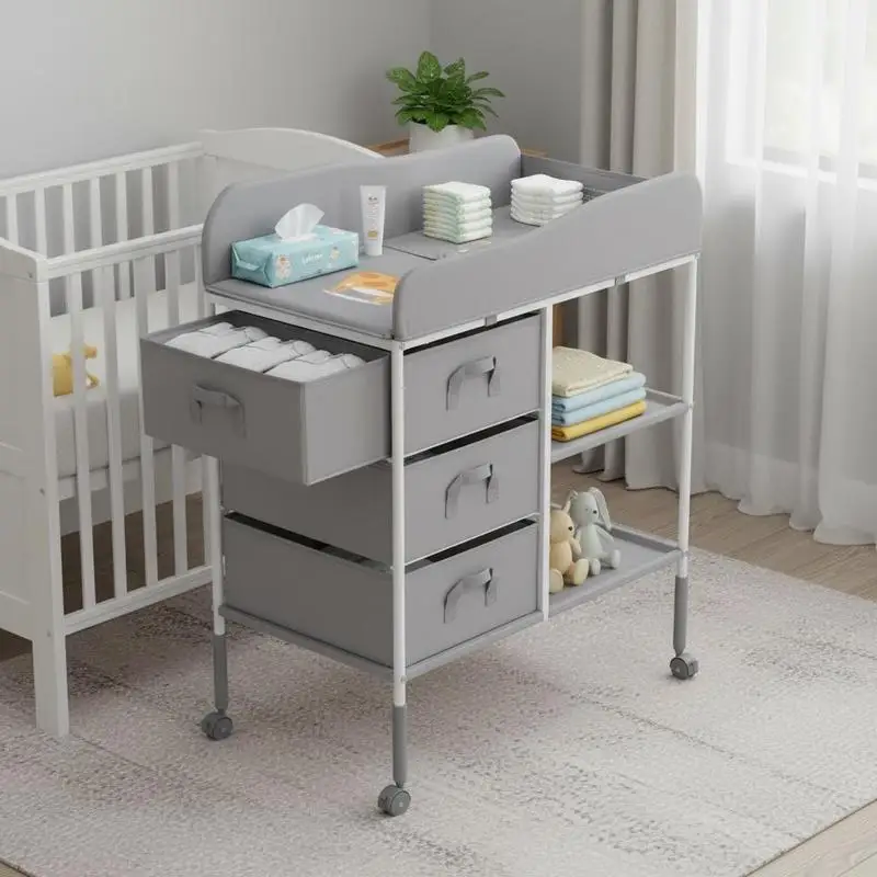 Tragbarer Wickeltisch/-station mit 3 Stoffschubladen und feststellbaren Rollen, höhenverstellbare multifunktionale Wickelkommode mit Aufbewahrungsorganizer für das Kinderzimmer, grau