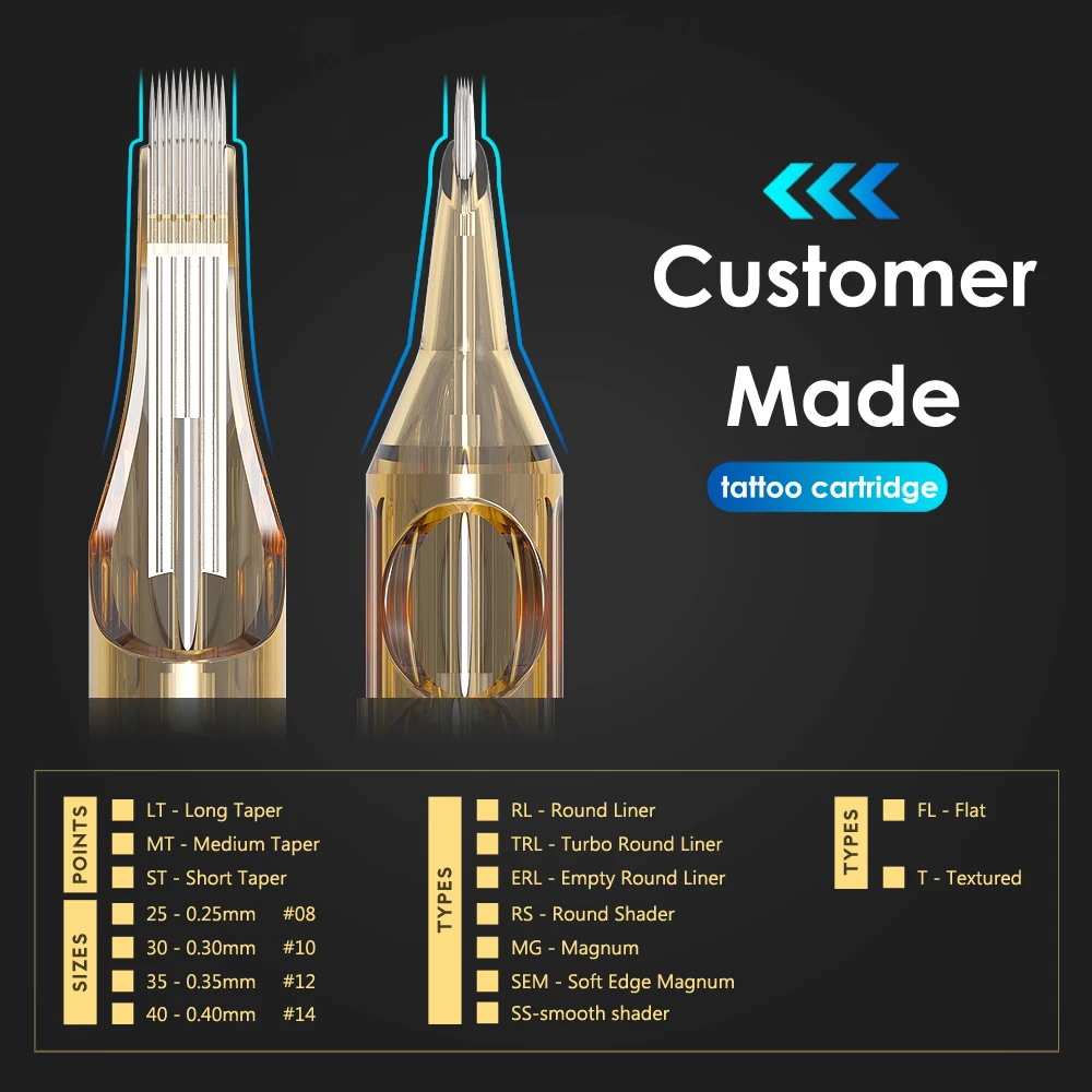 Tecn-プレミアム革命タトゥーカートリッジミックス、ラウンドライナーシェーダー、湾曲拡大鏡ニードル、1rl、3rl、5rl、7rl、9rm、13rm、20 pcs、60 pcs