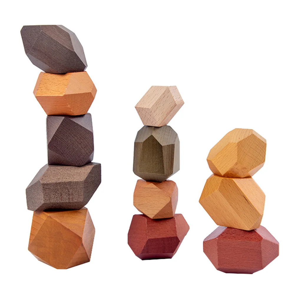 Wooden Stacking Blocks Toys Kids Educational Building Bricks Stone Colorful Smooth Shape Children Play Partners Games Skills