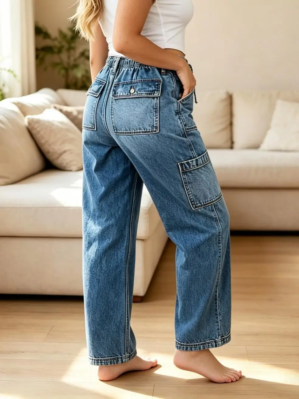 【HME】Jeans | Women Drawstring Waist Cargo Denim Pants, Wide Leg Straight Denim Jeans, Multi Flap Pockets With Contrast Stitching, Elastic Back Waist, Vintage Medium Wash Casual Pants For Street Daily Wear
