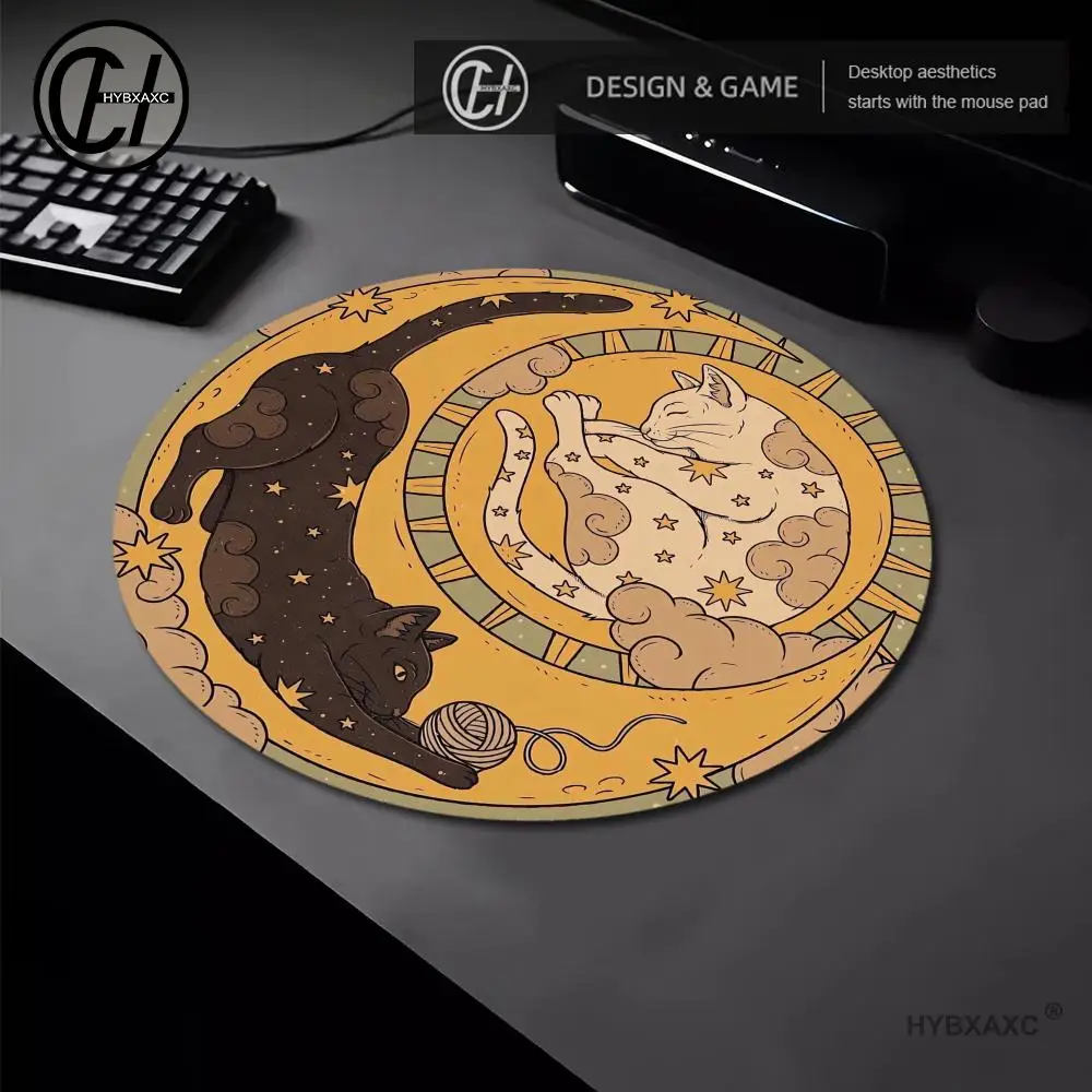 Black White Moon Office White Cat Mouse Pad Sun Moon Round Mousepad Computer Desk Pad Non-Slip Gaming Mat Office Accessories