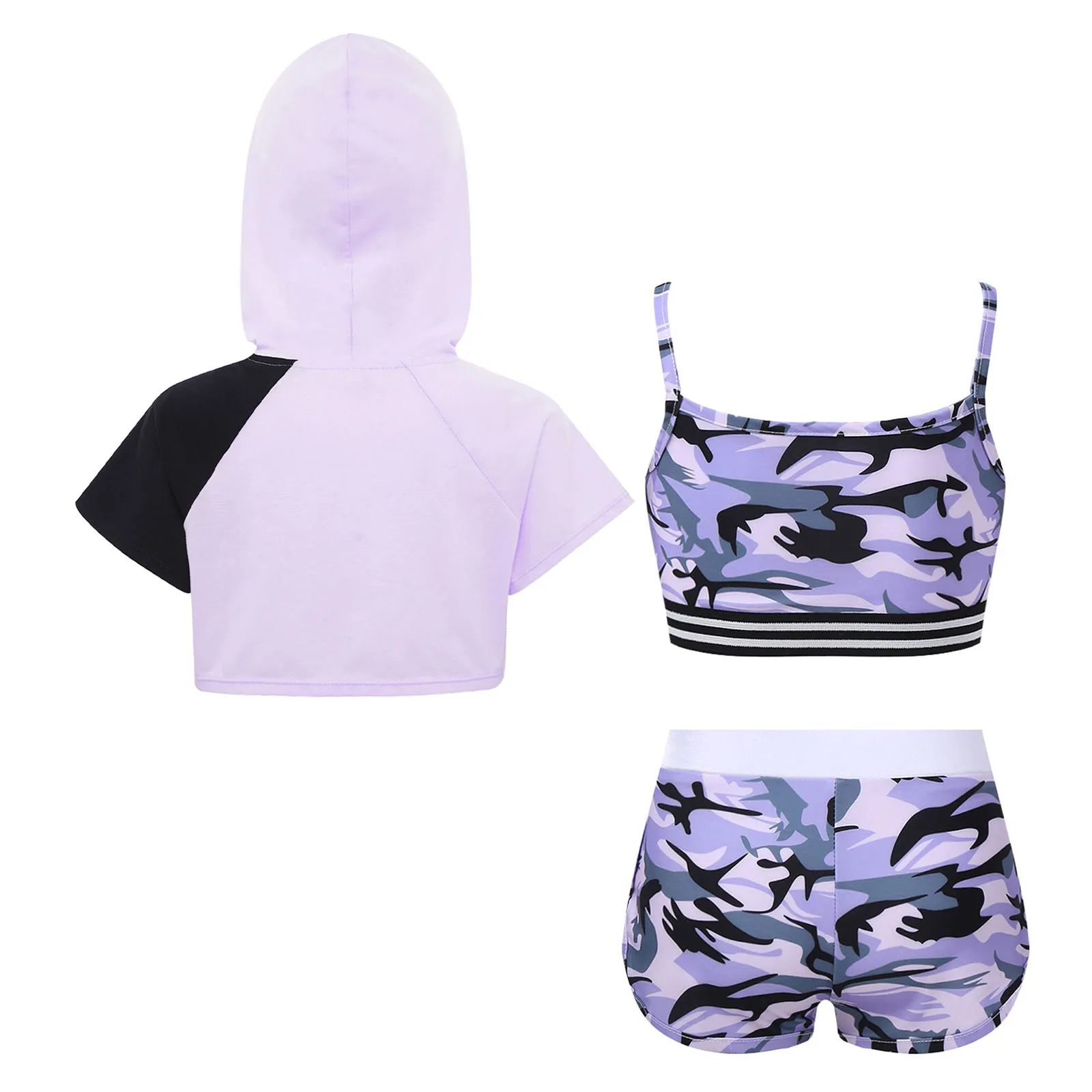 

Camouflage Print Outfit Girls Sports Suits Short Sleeves Hooded Crop Top with Vest And Shorts for Running Workout Exercise Yoga