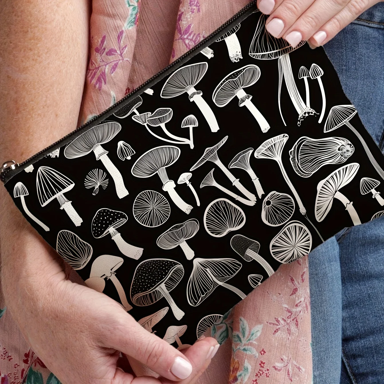 세련된 흑백 버섯 무늬 화장품 가방 - 다기능 지퍼 파우치, 보석 보관 가방