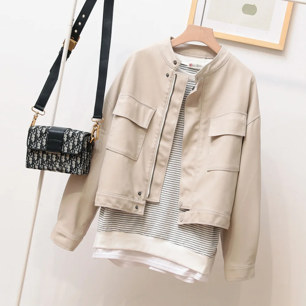 Jaket kulit imitasi untuk wanita, jaket ritsleting gaya Korea kerah berdiri pendek, sempurna untuk trendi berpergian, musim gugur, 2023