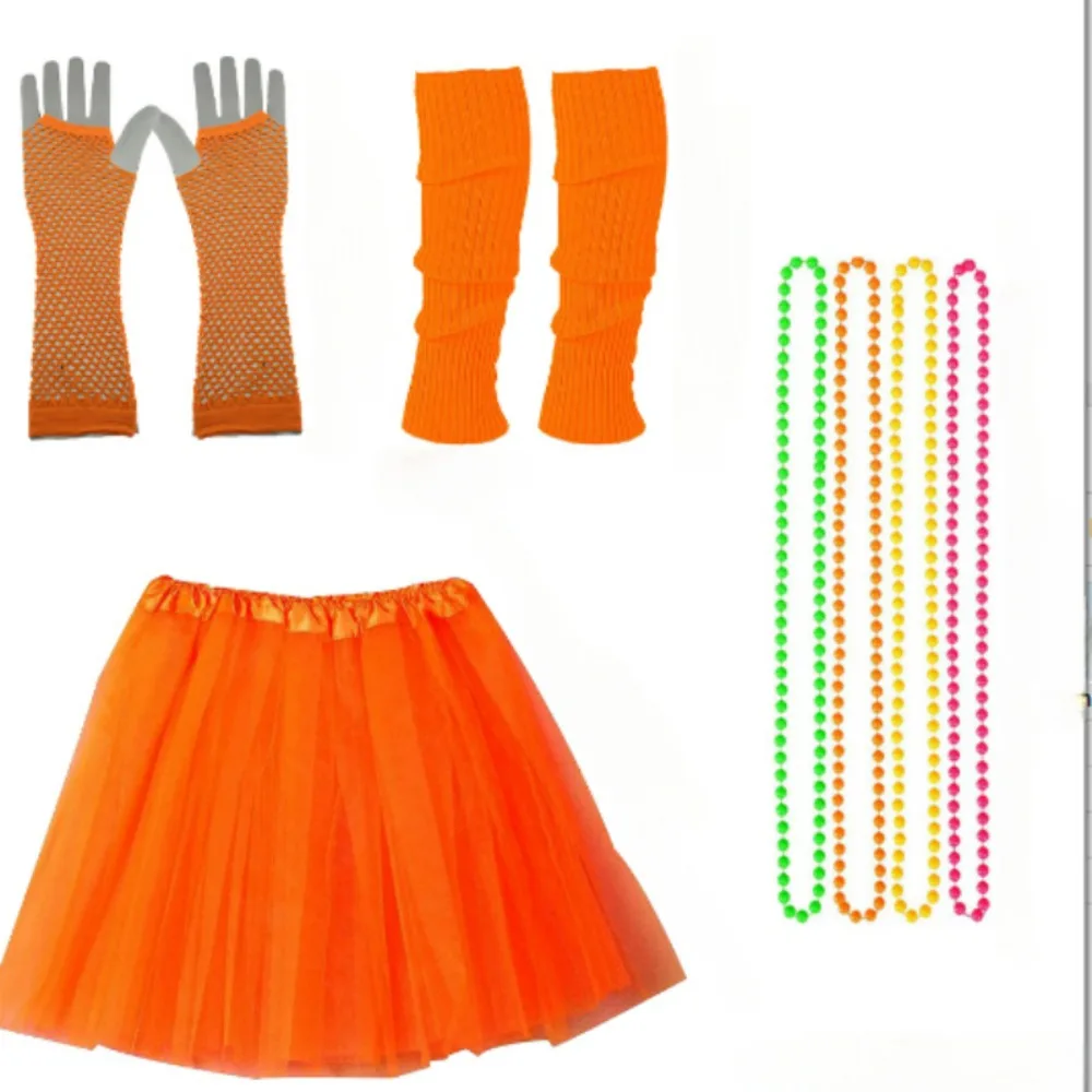 

PESENAR 1980s Party Orange mesh gloves, socks, puffy skirt, colorful pearl chain four piece set