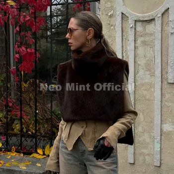Women’s Faux Fur Sleeveless Vest 3 Neo Mint 2025 Brand Fashion Faux Fur Sable Vest Crop Top Autumn Winter Turtleneck Eco Mink Fur Tank Tops Sleeveless Jacket Coat 3