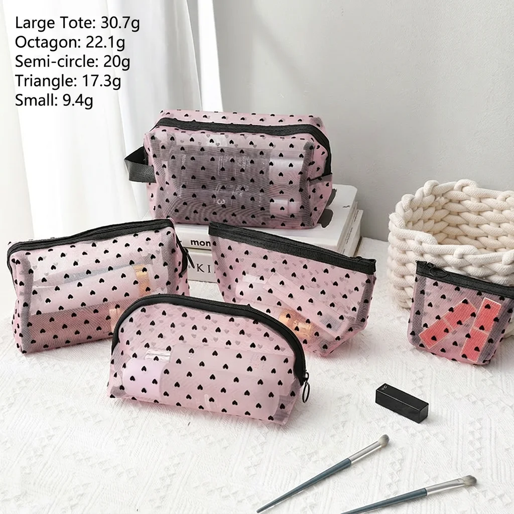 Mesh Cosmetic Bag Wet Dry Separation Heart Print Makeup Storage Large Capacity Toiletry Organizer Compact Pu Portable Bag