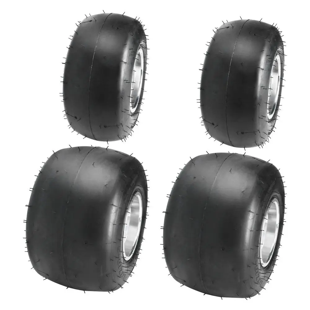 

Racing Go Kart Wheel and Tire Combo 5 Slick Racer Tires Front 10x4.505 and Rear 11x7.105 with Aluminum Rims 3 Bolt Pattern for