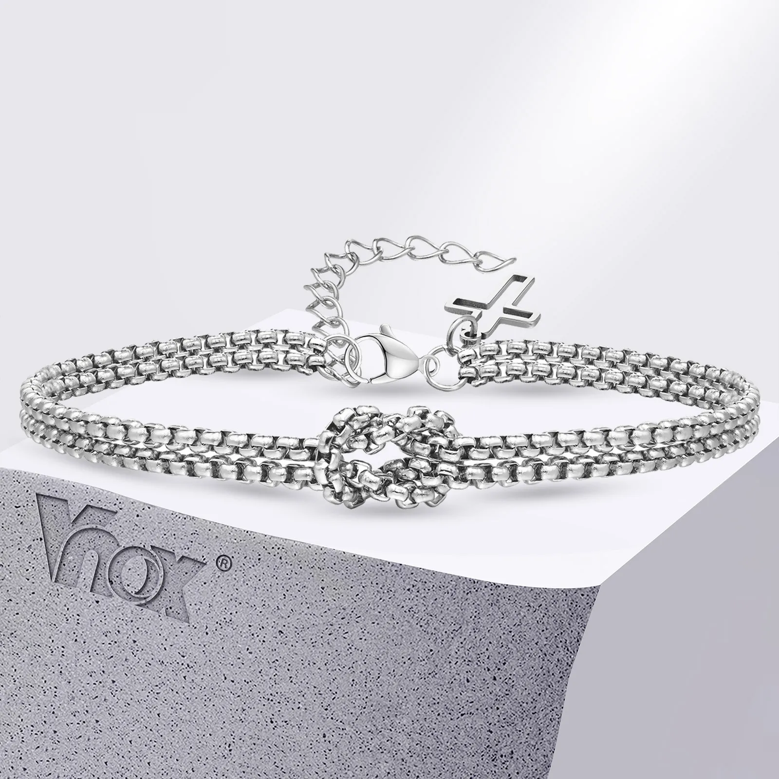 Vnox Double Layered Round Box Chain Bracelets for Men Boys, Faith Cross Charm Bracelet, Religious Prayer Simple Metal Wristband