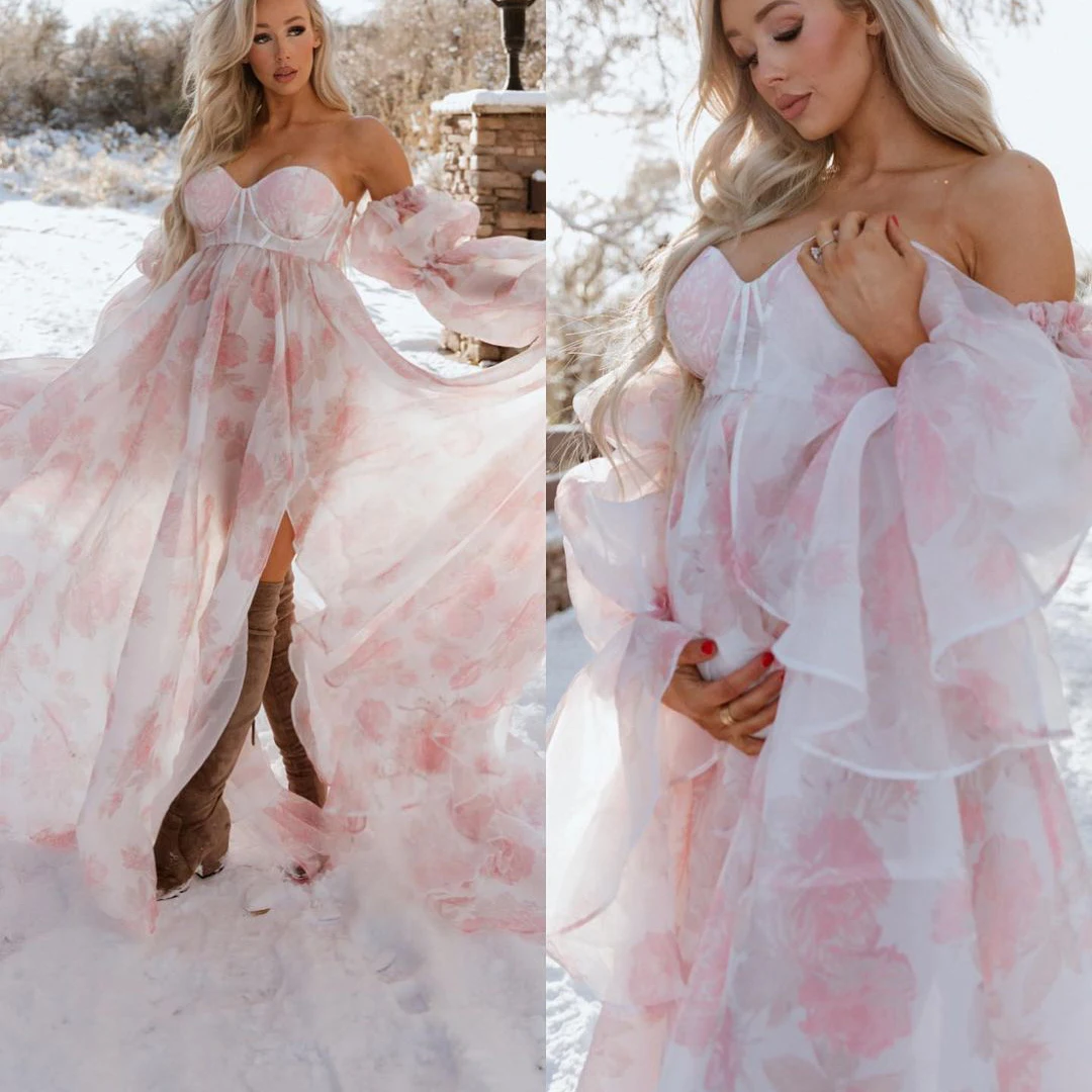 Abnehmbare gewählende Ärmel Blumendruck Mutterschaft Umstandskleid Schatz Empire-Taille Organza Fotoshooting-Kleider Maßgeschneidert