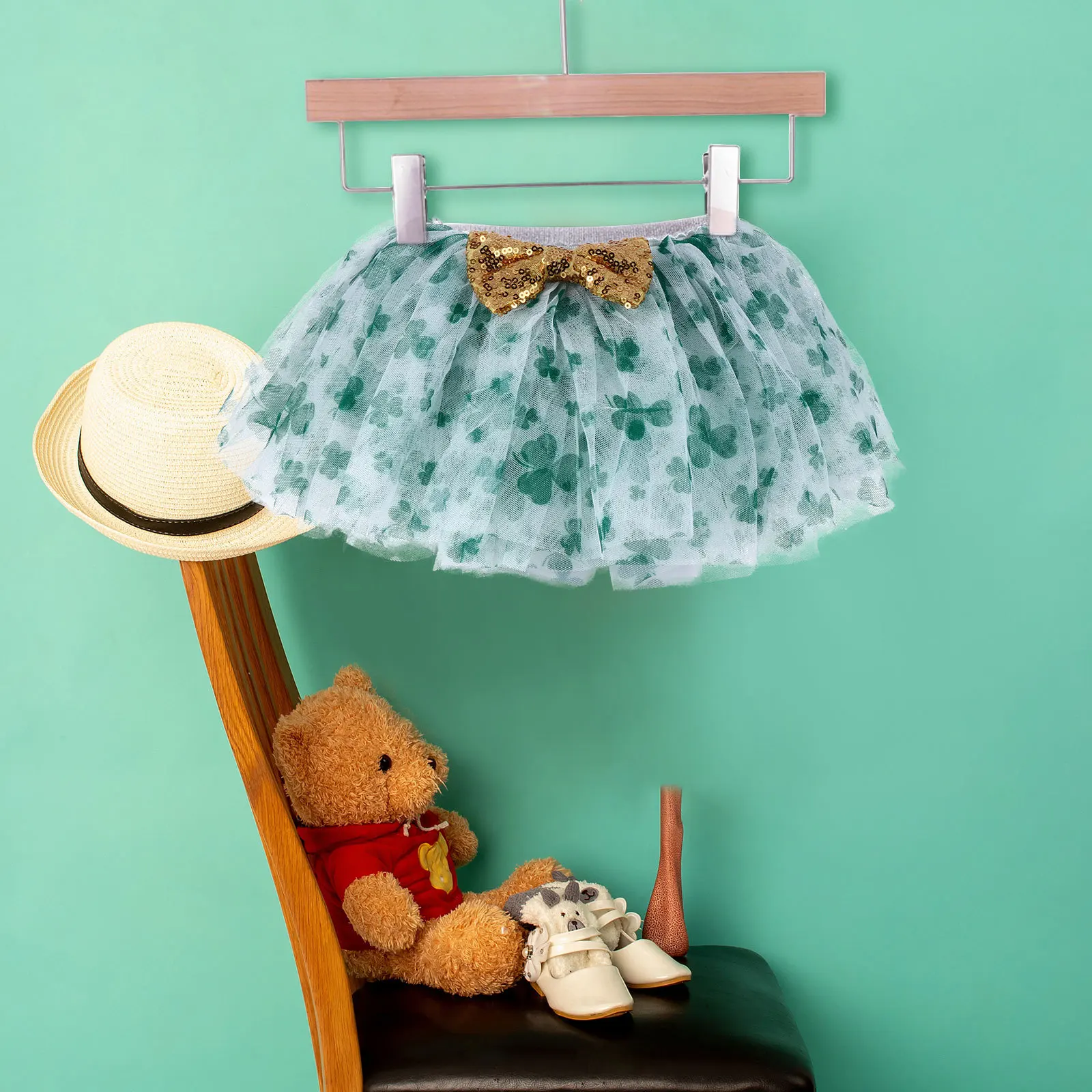 

1pc Green Tutu Skirt Kids Print Gauze Layered St Patrick'S Day Costume Dress Clover Skirt Fashion Party Wear