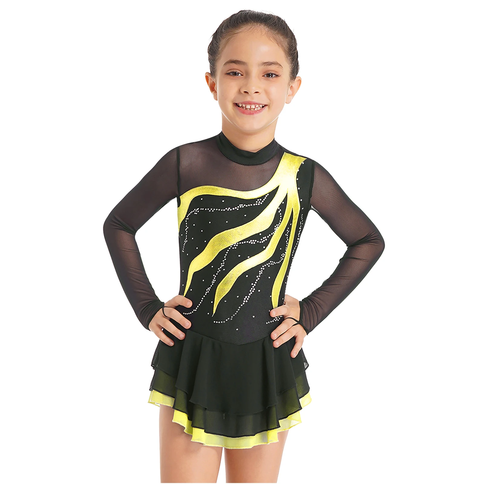 Ballet Gymnastics Leotard Kids Girls Figure Skating Dress Long Sleeve Mesh Lyrical Competition Stage Performance Costume