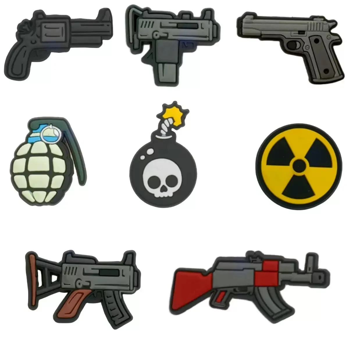 1-8 pièces armes de bande dessinée pistolet bombe PVC chaussures breloques boucle sabot accessoires trou pantoufle décoration ajustement bracelets enfant fête cadeau