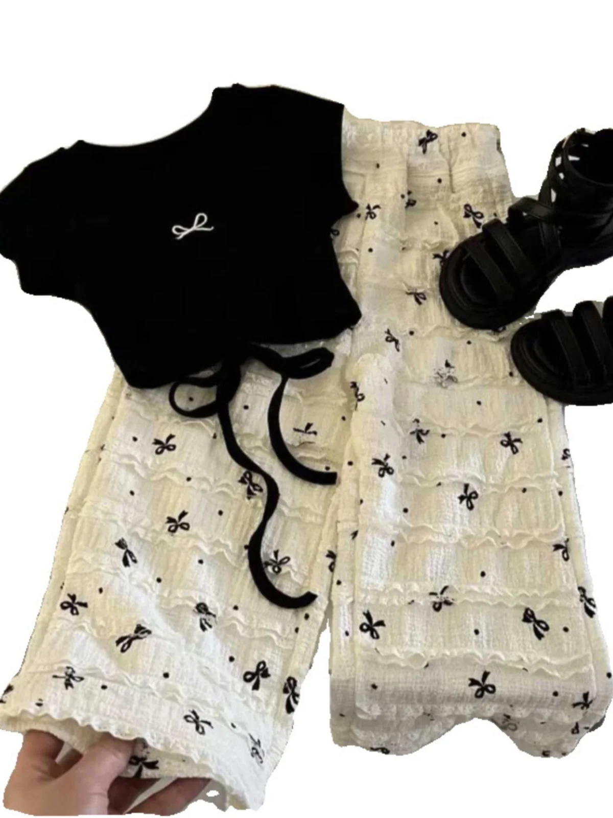 Conjunto de Dos Piezas de Estilo Coreano para Niñas, Top de Manga Corta con Lazo de Mariposa en la Espalda y Plones Ancho...