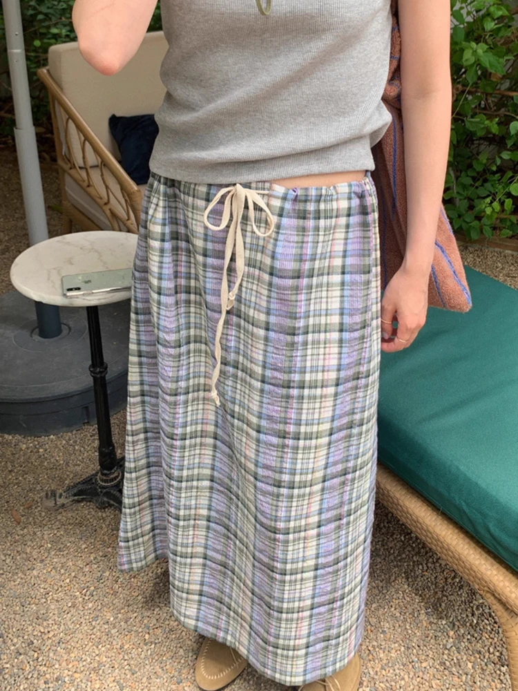 

Plaid High Waist Belted Midi Skirt for Women Korean Sle Commute High Waist Straight Cut Skirt Daily Wear