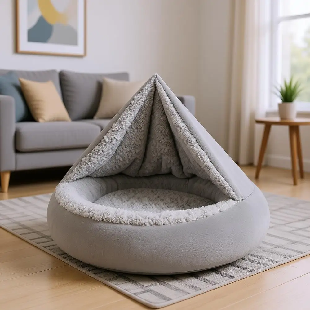 

Dog Beds for Small Medium Dogs, Cozy Puppy Pet Bed with Blanket Attached, Round Calming Anti-Anxiety Burrow Cave Bed - Anti-Slip