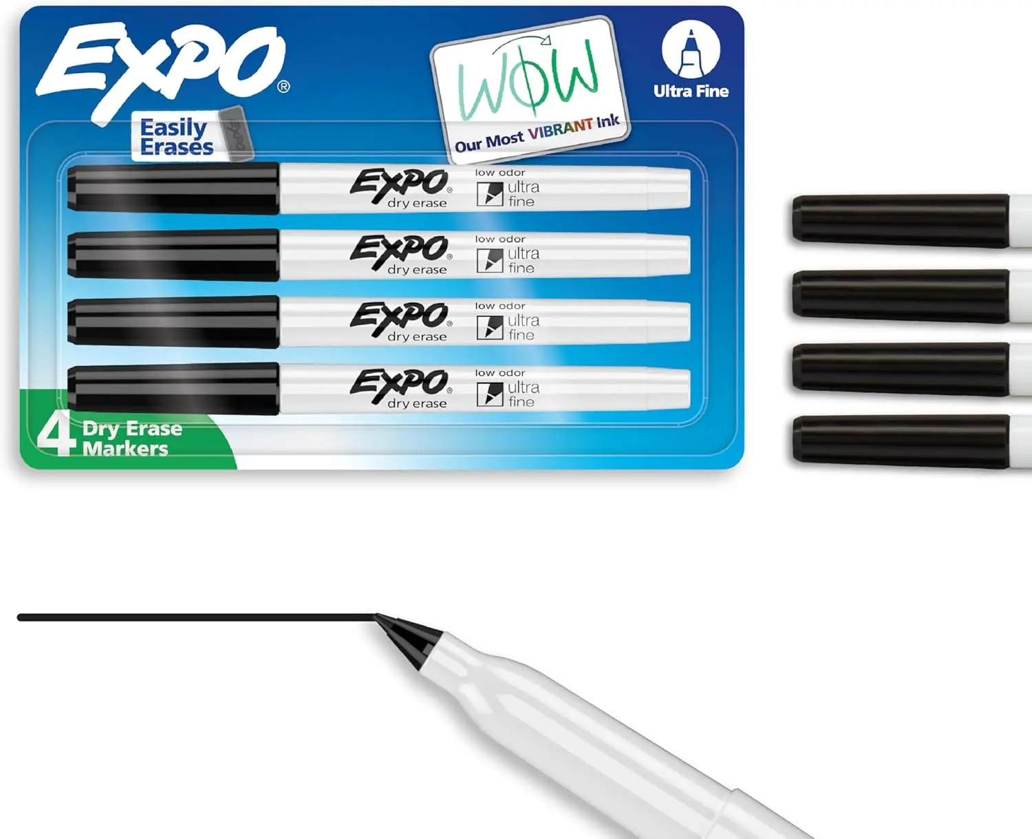 

Ultra Fine Tip Dry Erase Markers, Low Odor, Black, 4 Pack for Precise Writing