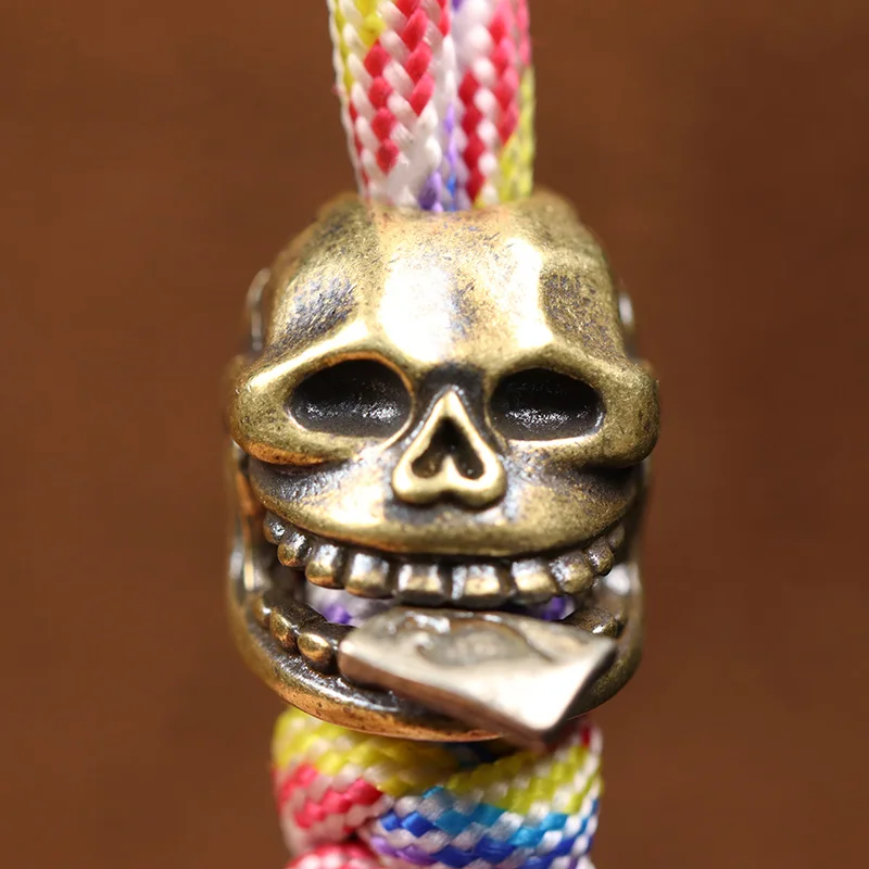 Poker Skull Head Brass EDC Outdoor DIY Paracord Knife Bead Handmade Woven Lanyard Pendant Accessory Punk Bracelet Charms Jewelry