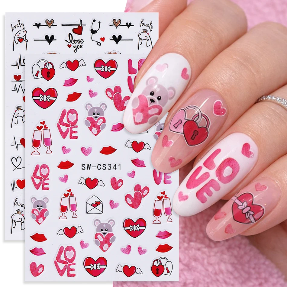 2 stücke Valentinstag Nail art Aufkleber Nette Bär Liebe Herz Kuss Design Aufkleber DIY Selbstklebende Maniküre Dekoration Nagel liefert
