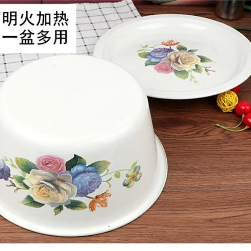 Floral Pattern Extra Thick Enamel Bowl with Lid Lard Bowl Fresh-keeping Bowl Nostalgic Hand Washing Bowls Soup Bowls Soup Pot