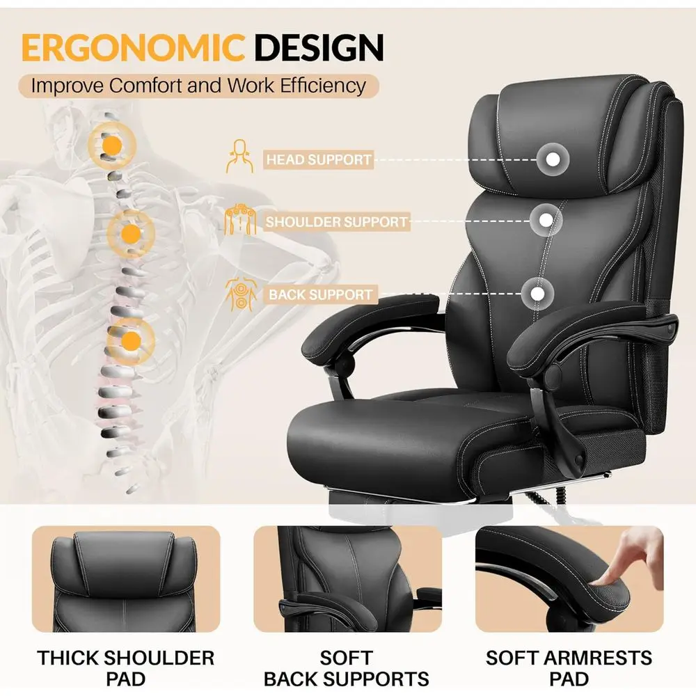 كرسي مكتب جلدي مريح عالي الظهر مع مسند للقدمين، قابل للتعديل للكبيرة والطويلة، مسامي، دعم قطني، دوار مع Roc #5