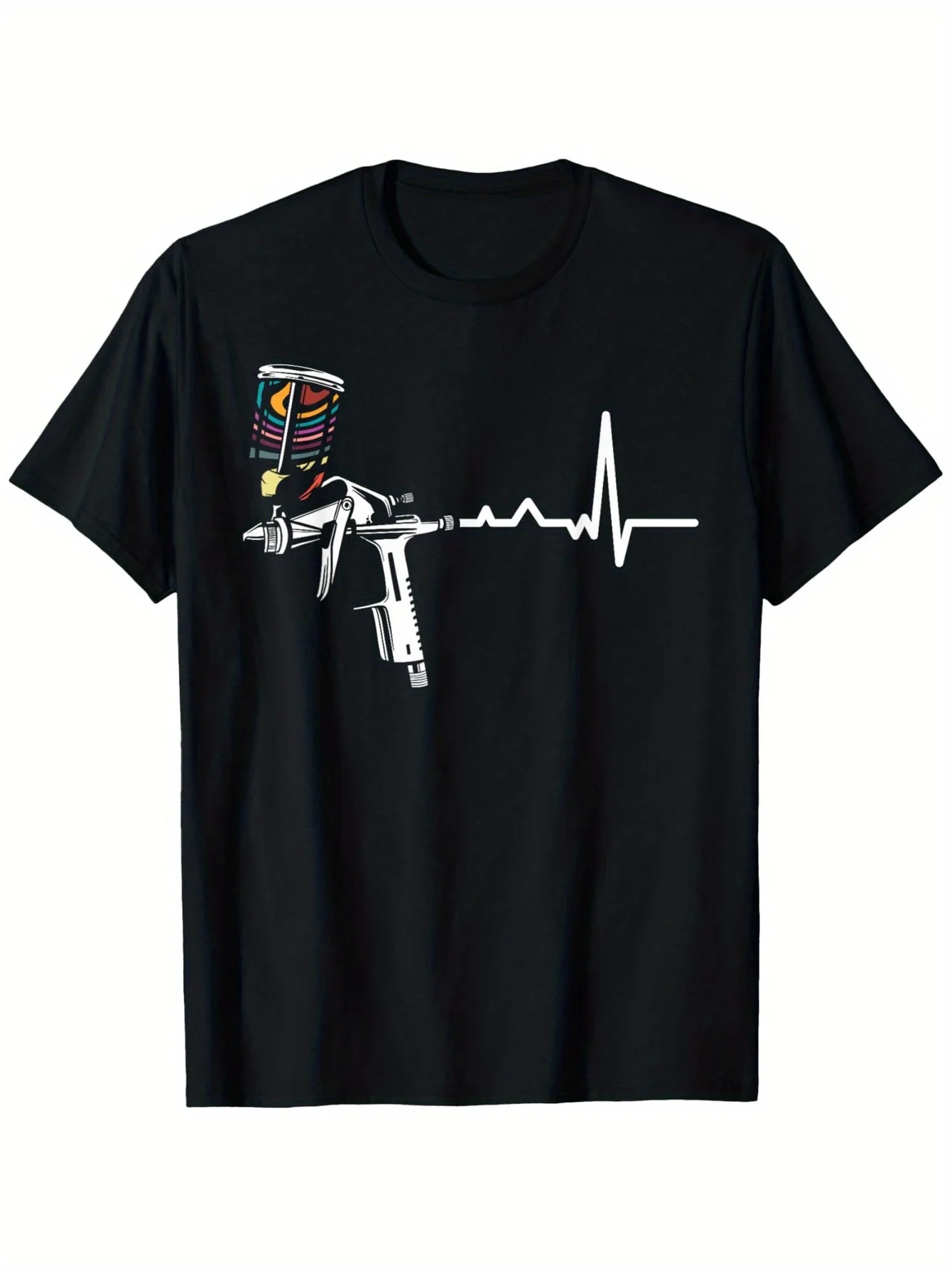 Men Auto Body Painter Graphic Tee - Black Crew Neck T-Shirt with Spray Gun Heartbeat Line Design Glossy Finish Streetwear