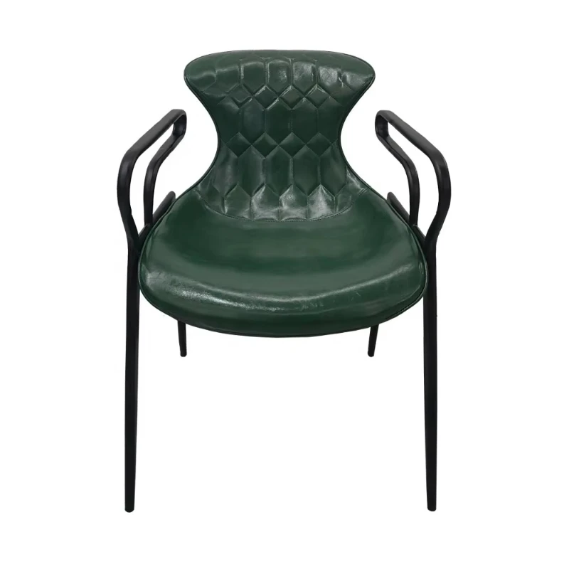 

green leather upholstered armchair with black metal frame dining chair, suitable for kitchens, dining rooms and lounges