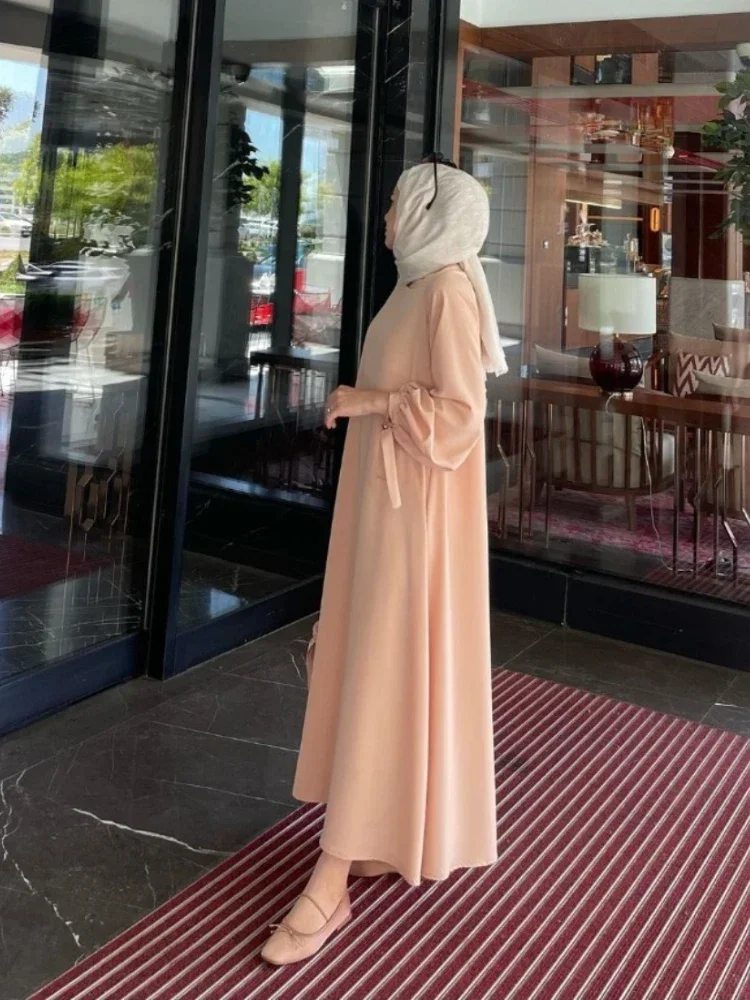 Muslim Loose Solid Women Robe Lantern Long Sleeve Bow Tie Waist Female Dress Holiday Costume Party Trendy New  Summer Dresses