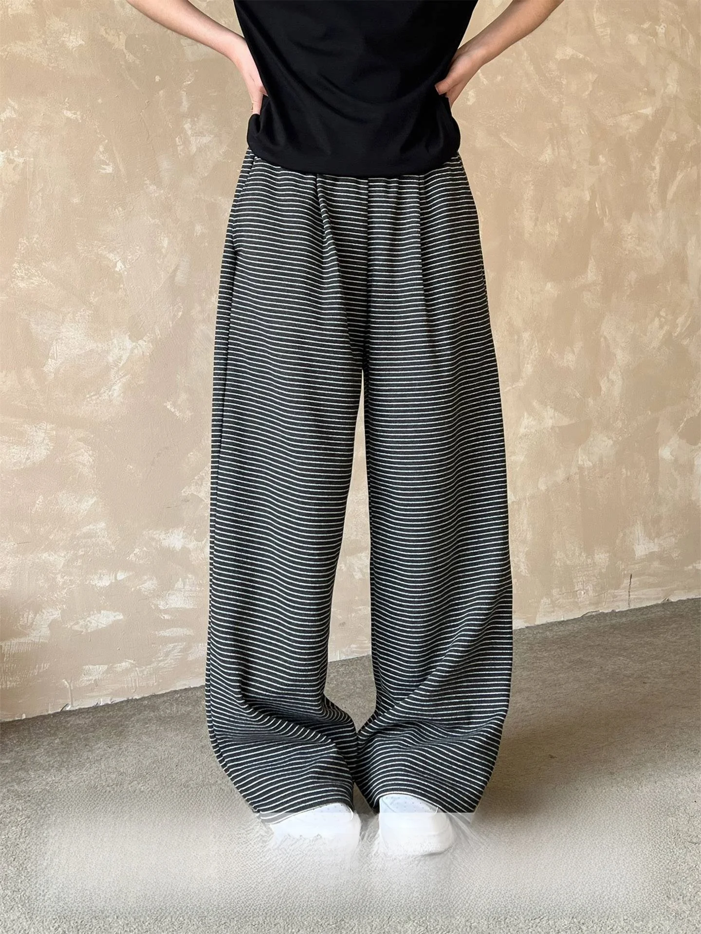 Ja1 No Night Stay Elastic Waist Black White Stripes Casual Sweatpants Men Women All Match Draping Straight Leg Wide Leg Pants
