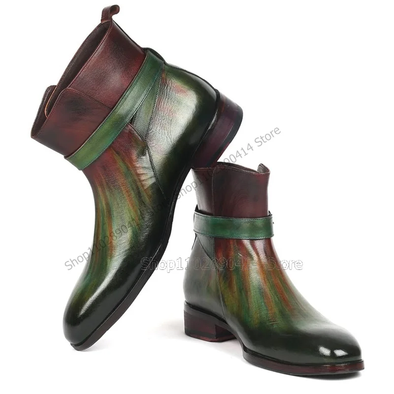 Botas de tornozelo quadrado de impressão colorida masculina, decoração de fivela, deslizamento nos sapatos, feito à mão, luxo, festa, banquete, banquete, vestido, moda