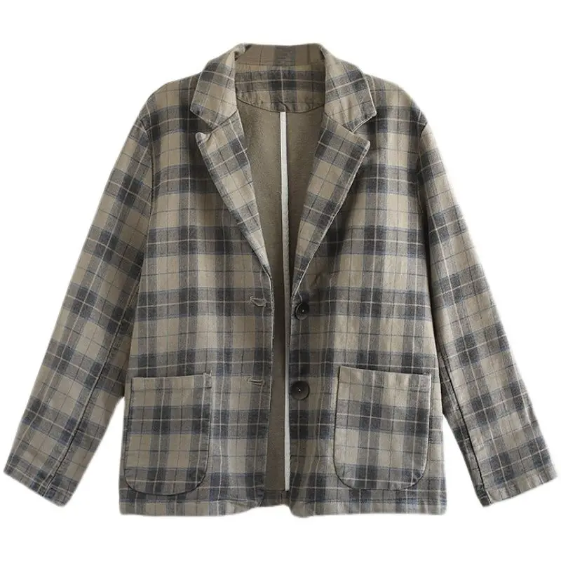 Mode Revers Taste Taschen Gedruckt Plaid Blazer Frauen Kleidung 2024 Herbst Neue Lose Langarm Casual Tops Alle-spiel blazer