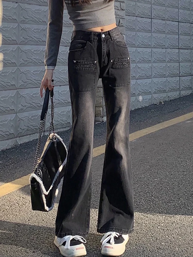 Korean Retro Micro Flared Jeans for Women Black High Waisted Loose Denim Pants Trendy Versatile High Street Zipper Trousers