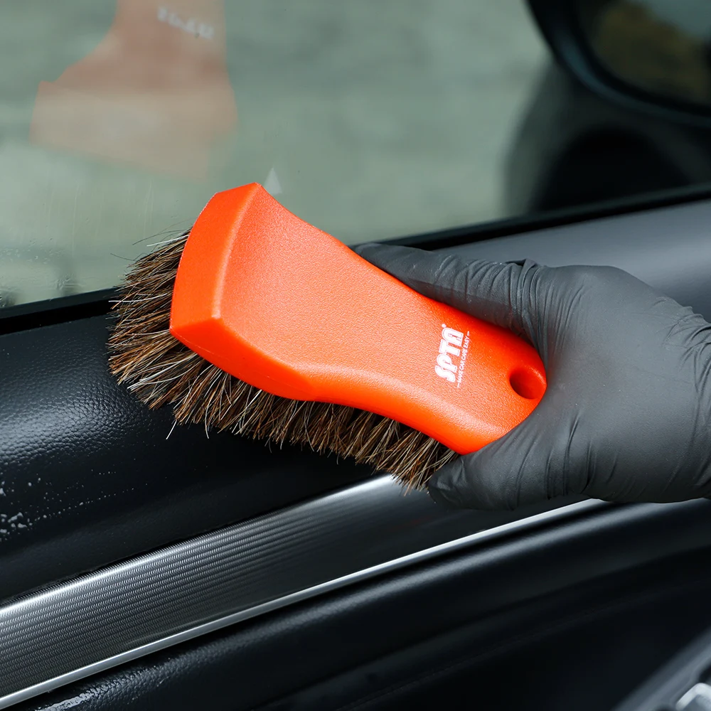 (Single Sale) SPTA Car Interior Cleaning Soft Horsehair Bristles Brush Tool Orange For Auto Leather Detailing Washing