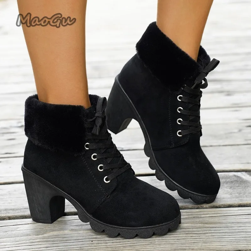 Plush Women's Ankle Boots Winter Comfortable Warm Modern Botines Lace Up Anti-slip Shoes for Women Chunky High Heel Botas Mujer