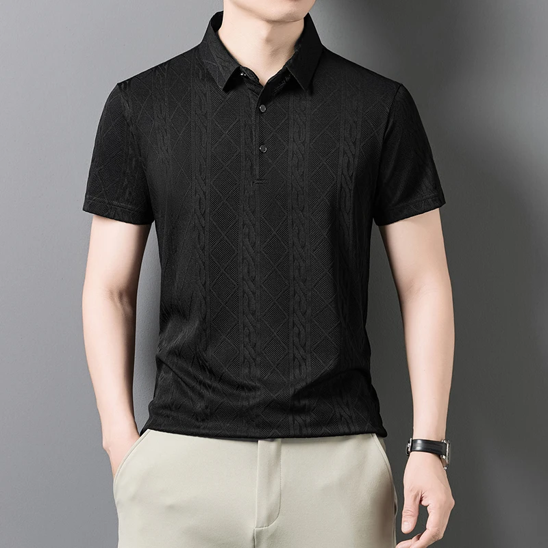 

2026 New Half Sleeve Casual POLO Shirt Clothes Short Sleeve Top Lapel Ice Silk Jacquard Short Sleeve T-Shirt Men's Summer Thin
