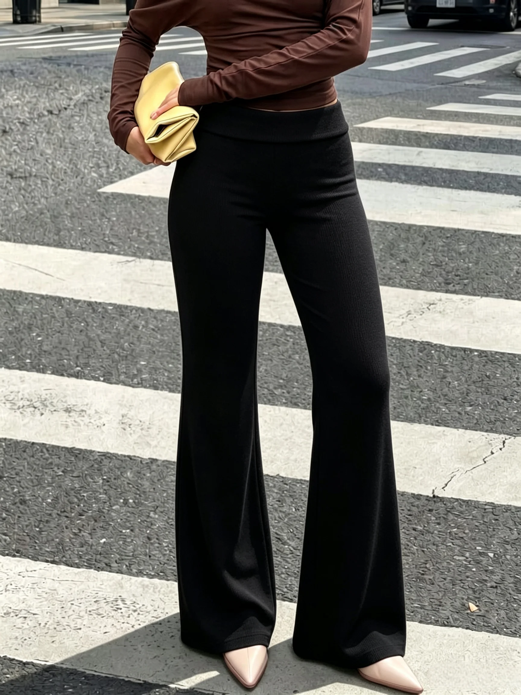 High Waist Ribbed Flare Pants Women Fold Waistband Slim Bootcut Trousers Stretch Casual Solid Streetwear Pants