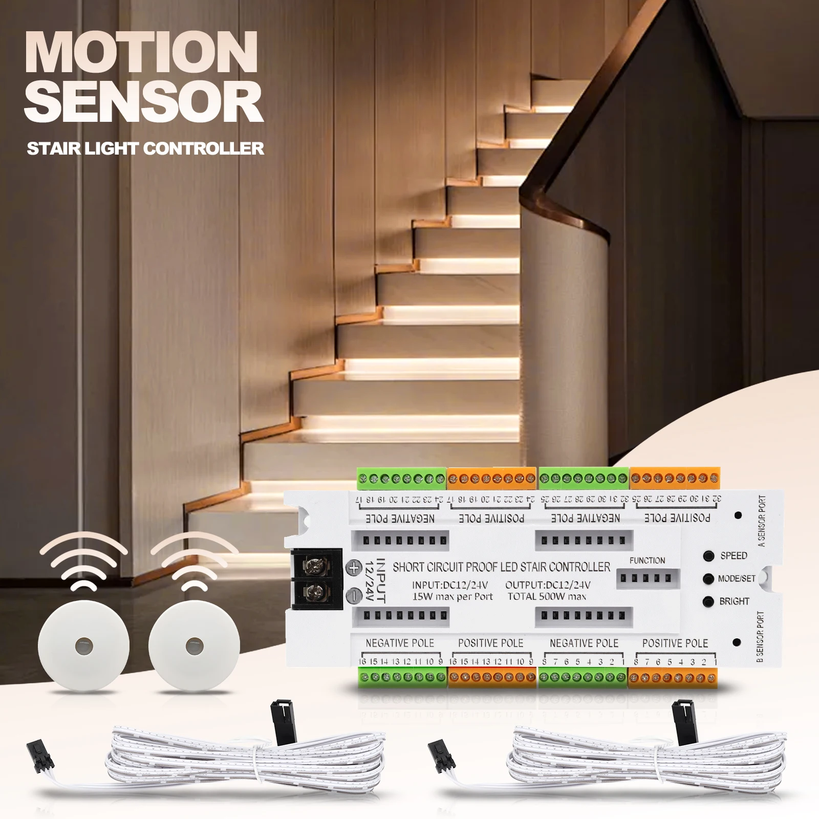 C32 Motion Sensor Stair Light Controller 12V 24V DC 32 Steps Sequential LED Stair Lighting with Dual PIR Sensors