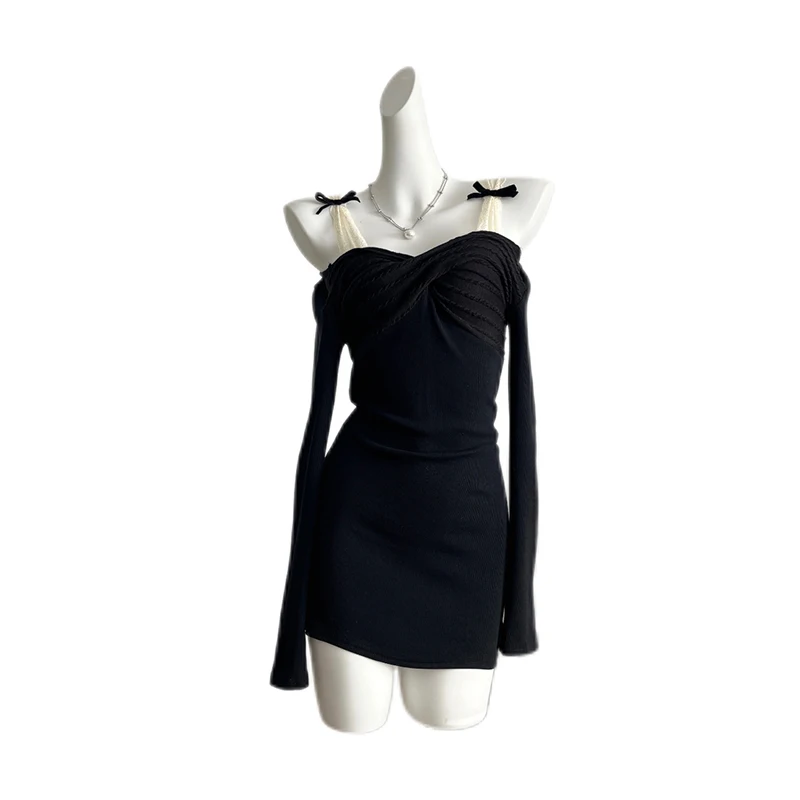 Elegante Mode sexy Slash Neck Bow Strap Kleid 1920er Jahre ästhetischen Ausschnitt Kleid schwarz Party kleid von der Schulter Streetwear