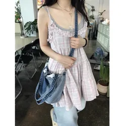 Retro Korean Sle Sweet Girl Cute Puffy Plaid Lace Trim ter Cake Dr Women's Vest Top Cotton 00% Spring 2025