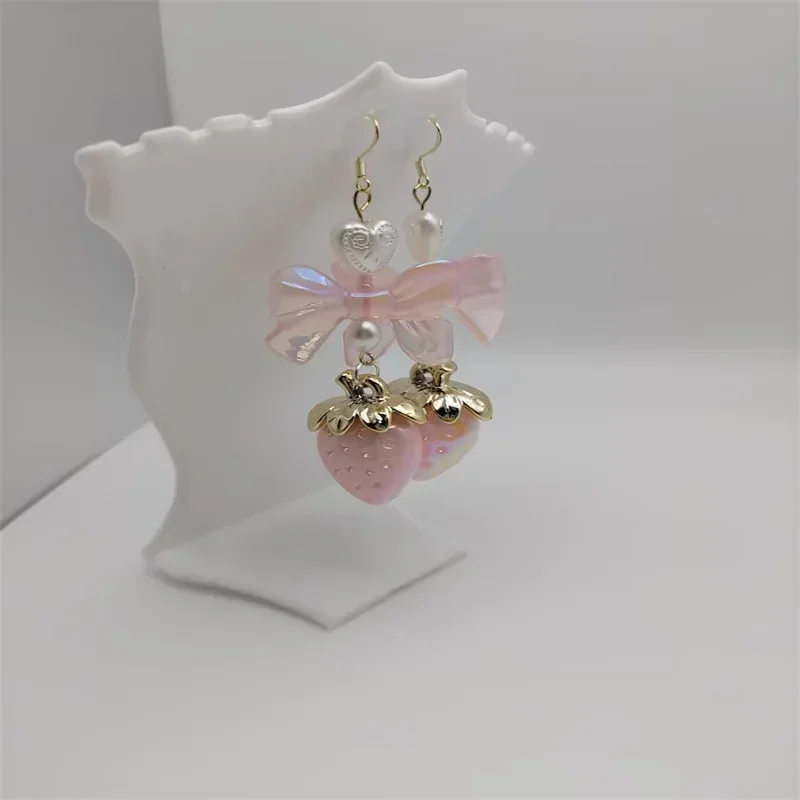 Pastel strawberry coquette cottagecore bow earrings pearl heart milky