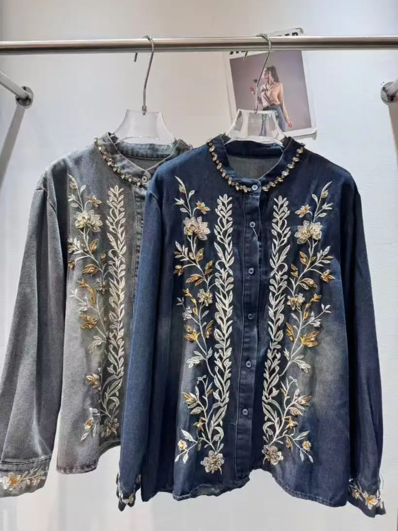 Luxury Sparkle Rhinestones Diamonds Stitch Denim Blouses Shirts For Women's Autumn Embroidery Causal Tops Camisas De Mujer