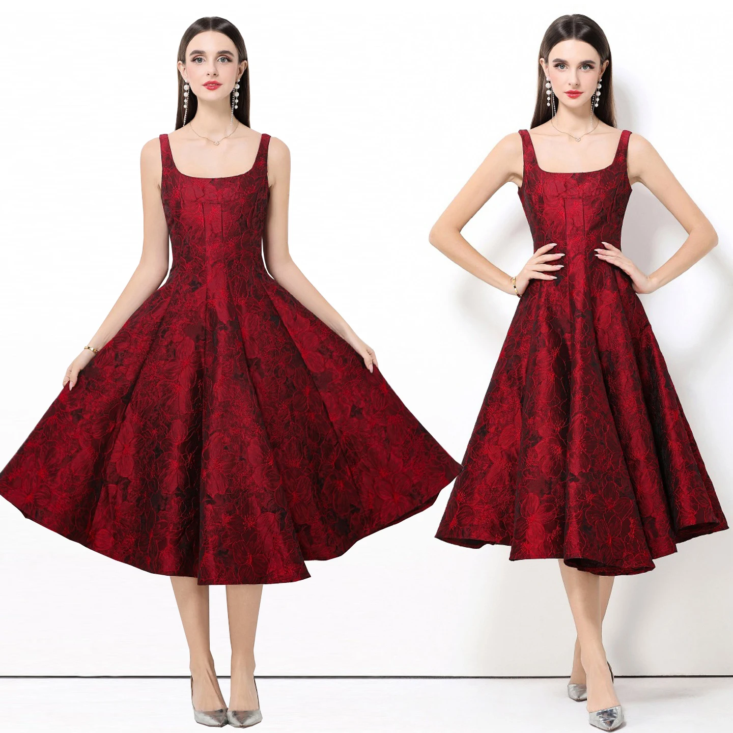 

Elegant Embroidered Sexy Strap Dress High Waist A-Line Skirt No-Sleeve Zipper Back Invisible Polyester Fiber Gown for Ladies
