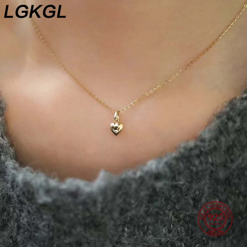 LGKGL S925 Sterling Silver 14K Gold Plated Heart Necklace Smooth Surface 3D Heart Pendant Lockbone Chain for Women