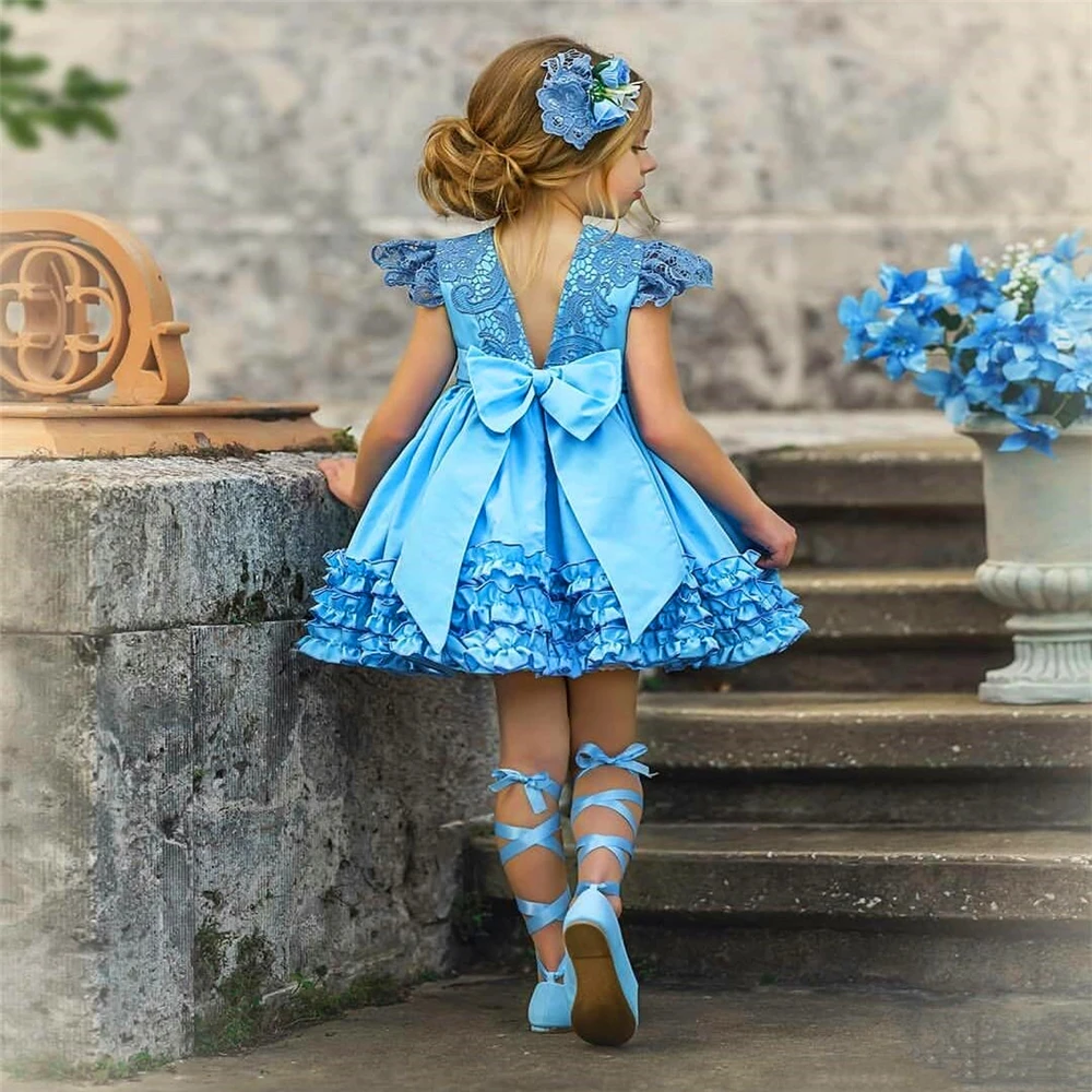 Flower Girl Princess Ball Dress, Vestidos de Primeira Comunhão, Elegante Azul Fluffy Tulle Printing, Presente de Aniversário Surpresa