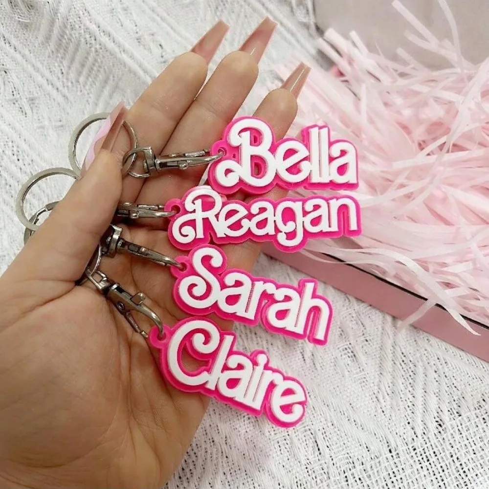 Custom Fashion Pink White 3D Name Acrylic Keychain Wholesale Personalized Nameplate Tag Backpack Car Vertical Pendant Keyring