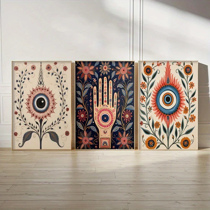 (No frame)3pcs Set Vintage Evil Eye Canvas Wall Art, Nazar Protective Amulet Theme, Fashion Cartoon Decor, Eclectic Boho Post