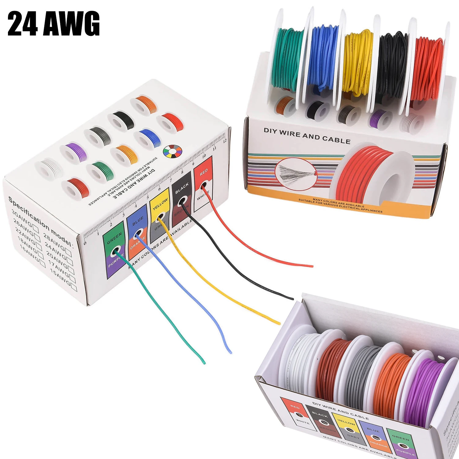 24 AWG Silicone Wire Kit, 10 Colors Stranded Tinned Copper Electrical Hook Up Wire, Flexible High Temperature Resistant Cable