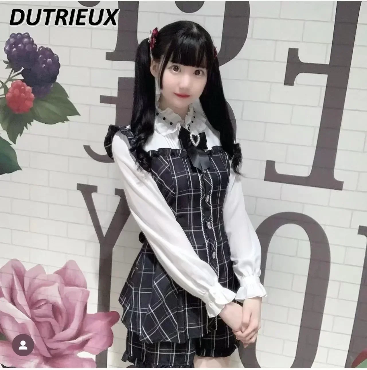 2023 Autumn New SC Suit Bowknot Slimming Ruffled Collar Japanese Sweet Princess Long Sleeve High Waist Shirt Dress Two-Piece Set