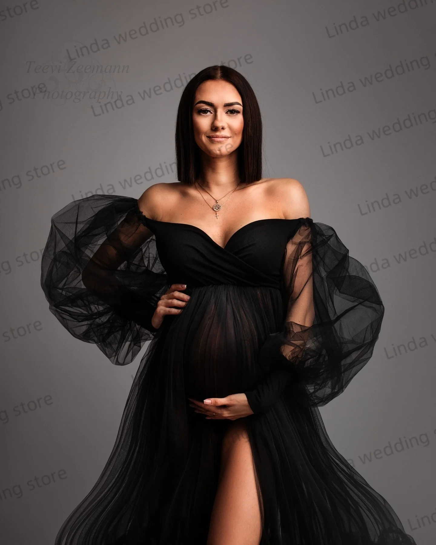 Sexy Black  Maternity Dresses Off Shoulder Long Vestidos De Fiesta Slit Long Sleeves Sheer Pregnant Woman Gowns for Photoshoot