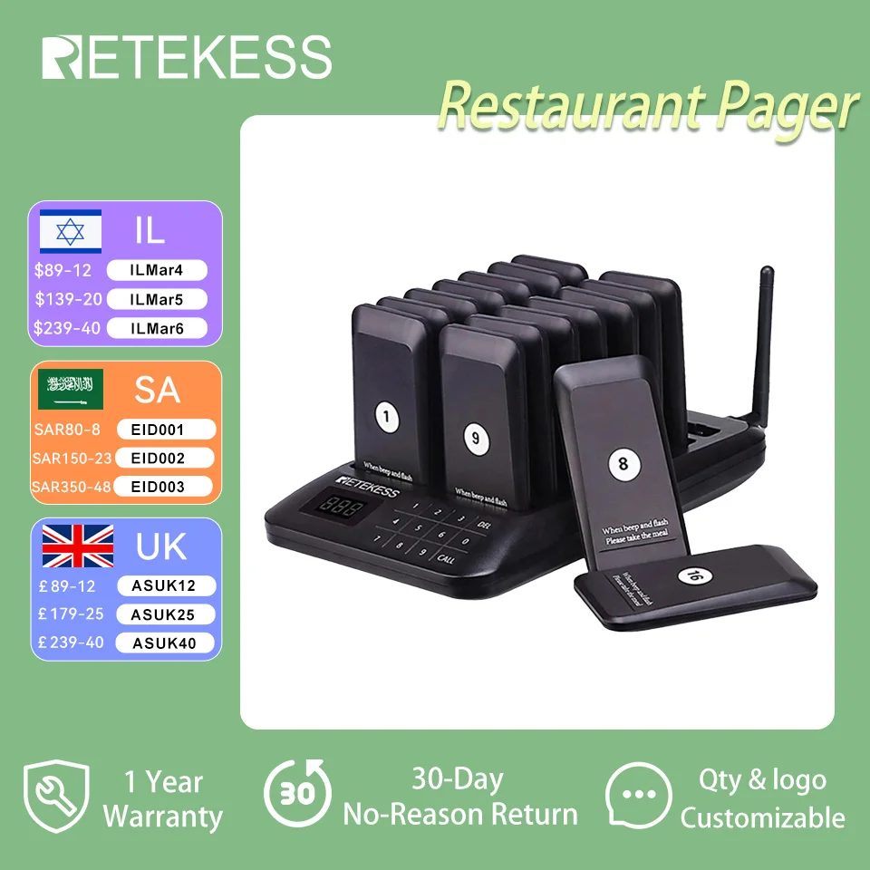 Retekess TD157 restaurant pager wireless calling system coasters buzzer beeper bell receivers for food truck fast food cafe bar